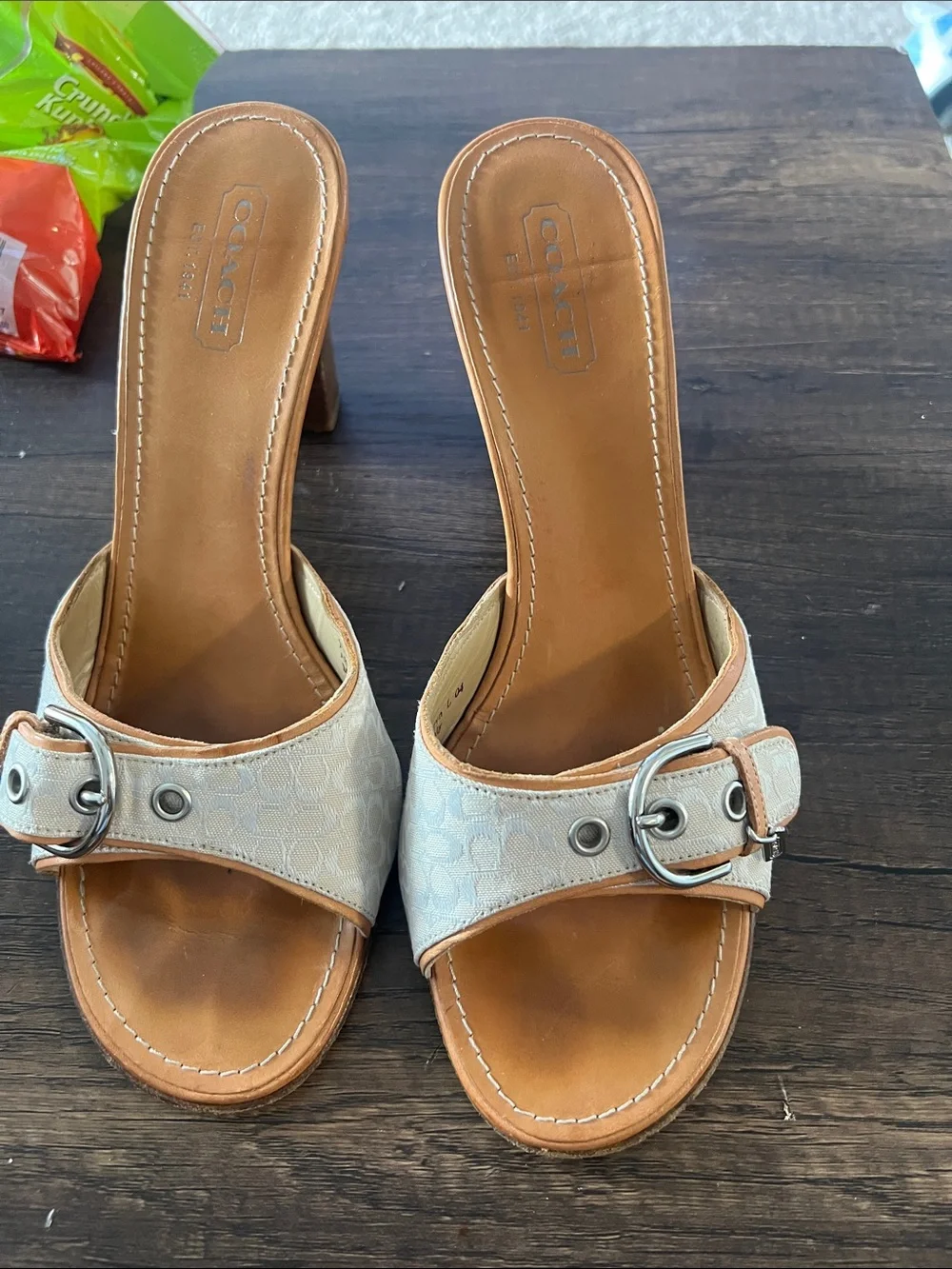 Coach Beige Signature Logo Leather-Heel Mules